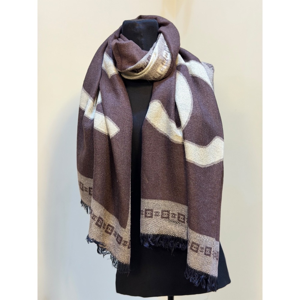 Chanel Oversized Logo Shawl Wrap Scarf Brown Cream Fringed Luxury Accessory